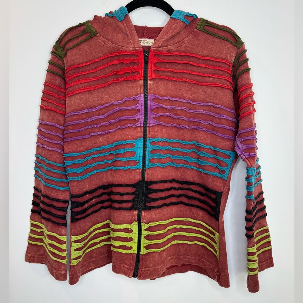 India Boutique Red hippie artsy distressed zipper hooded cardigan